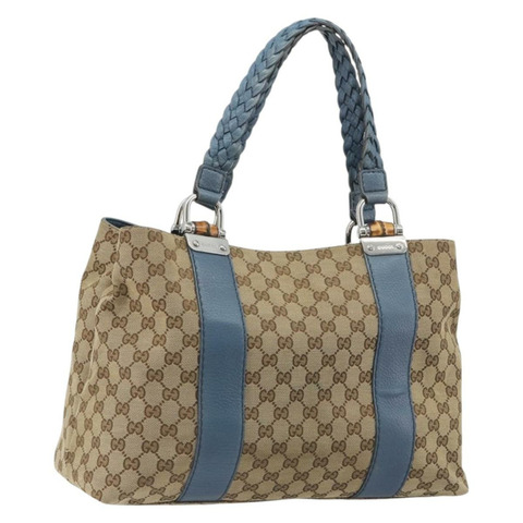 GUCCI GG 帆布竹編托特包 藍米色 232947 正品 ki6706A