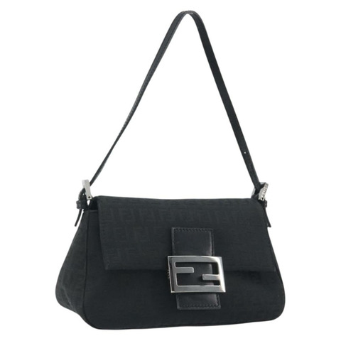 FENDI Zucchino帆布Mamma Baguette單肩包 黑色銀色 正品 ki6734M