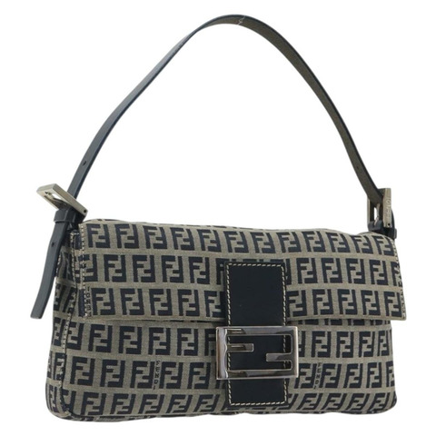 FENDI Zucchino 帆布 Mamma Baguette 單肩包 海軍藍/銀色 正品 yk20655SAM