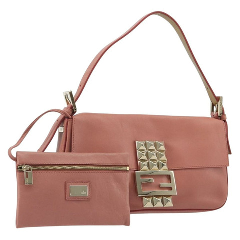 FENDI 鉚釘 Mamma Baguette 單肩包 皮革 粉紅色 金色色調 正品 yk20664SAM