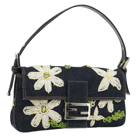 FENDI 花卉刺繡 Mamma Baguette 單肩包 牛仔藍 正品 yk20668SM