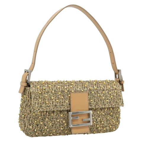 FENDI 斜紋軟呢串珠 Mamma Baguette 單肩包 金銀 8BR000 正品 yk20672SAM