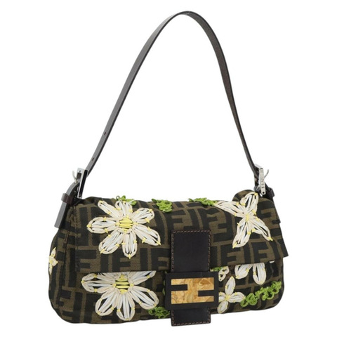 FENDI Zucca 帆布花朵刺繡 Mamma Baguette 棕色銀色正品 yk20688SM