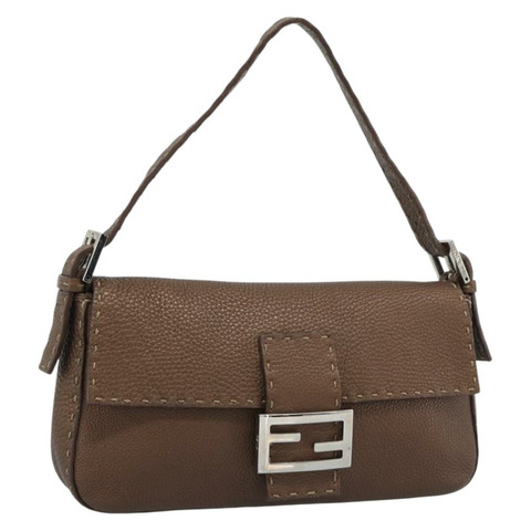 FENDI Celeria Mamma Baguette 單肩包 皮革 棕色 銀色 正品 yk20699SAM