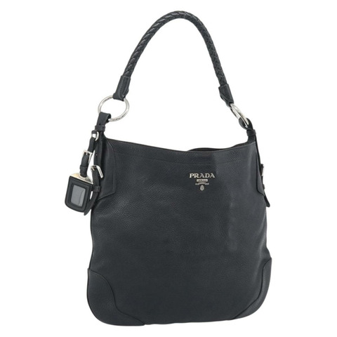 PRADA 黑色銀色皮革肩背包 正品 ka5401V