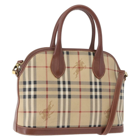 BURBERRY Nova 格紋手提包 PVC 皮革 兩用 米色 金色色調 正品 ka5442V