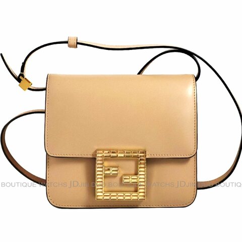 金鐸精品~2554 FENDI 芬迪 粉膚色小牛皮FF水鑽金屬磁釦豆腐包 側肩背包
