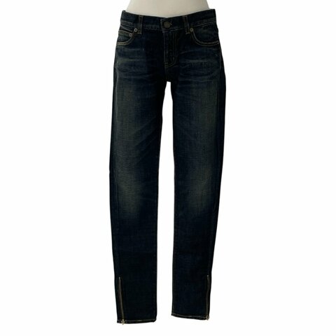 SAINT LAURENT 聖羅蘭 D01 下擺拉鍊修身緊身牛仔褲 純棉 深藍 古銅釦 29