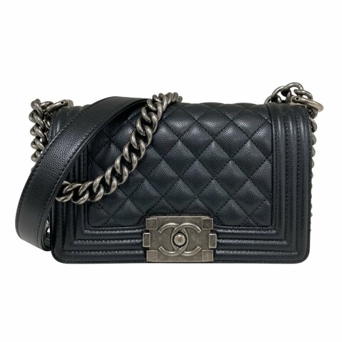 CHANEL 香奈兒 THE BOY BAG MINI 黑色 荔枝皮 魚子醬皮 銀釦