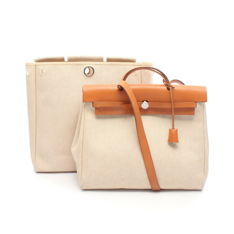 愛馬仕 Herbag MM 單肩手提包 B Toile H 帆布皮革 米白色 天然色 二手 SHW