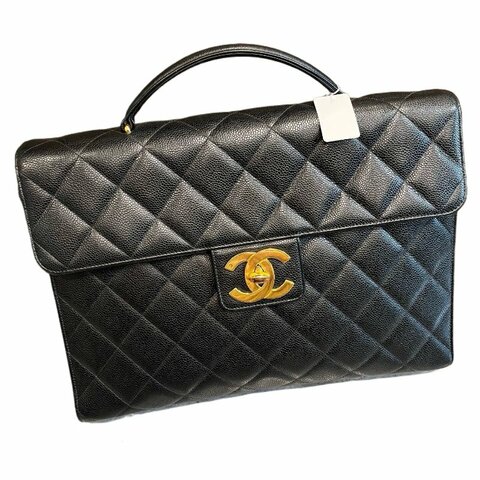 Chanel 香奈兒黑金菱格紋大雙C扣手提公文包