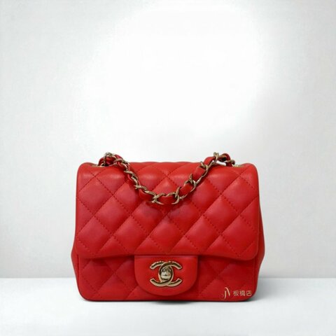 JS1525-CHANEL 橘紅色羊皮金釦方胖子 A35200