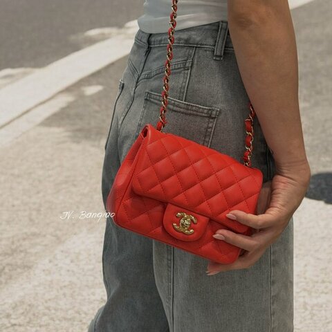 JS1525-CHANEL 橘紅色羊皮金釦方胖子 A35200