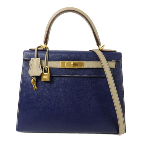 HERMES Epsom皮革Kelly 28手挽肩背兩用袋Blue Sapphire/Trench