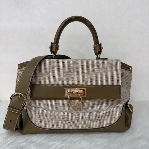 Ferragamo 防潑水帆布橄欖綠牛皮手提斜背包 肩背包 側背包 醫生包 兩用包