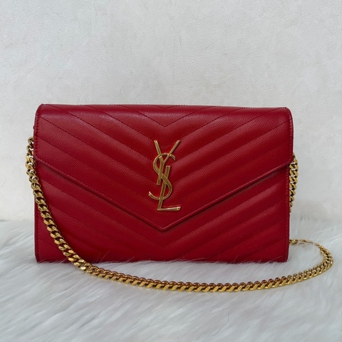 YSL 377828 WOC 紅色荔紋皮革金鍊斜背包 斜挎包 鍊子長夾 手拿包 肩背包