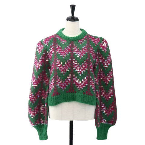 GUCCI 人字紋亮片針織毛衣 羊毛 綠色 713233 正品 169947V