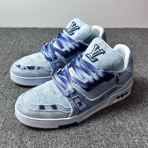 Louis Vuitton 路易威登 lv trainer 水洗扎染拼接破布丹寧藍牛仔 藍色 /41.5碼