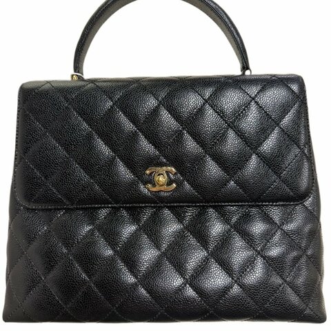 Chanel香奈兒黑金雙C扣林菱格紋手提凱莉包
