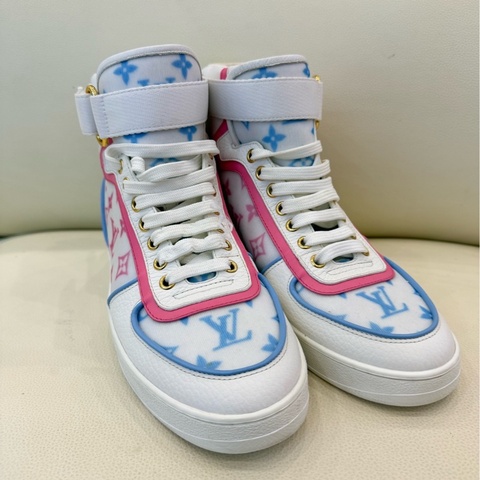 LV Boombox 網紗老花 魔術貼高幫鞋  夢幻馬卡龍粉藍配色 37.5 碼