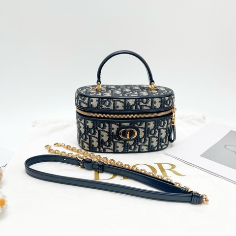 迪奧Dior 藍色刺繡老花 手柄圓盒子化妝包手提包斜挎包肩背包 底長 17cm