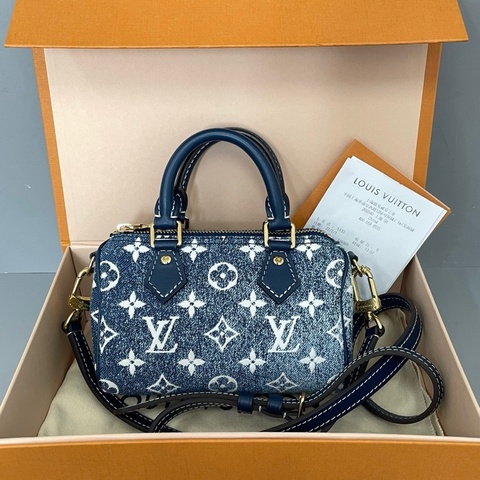 路易威登/Louis Vuitton speedy nano藍色丹寧手提包斜挎包 芯片款