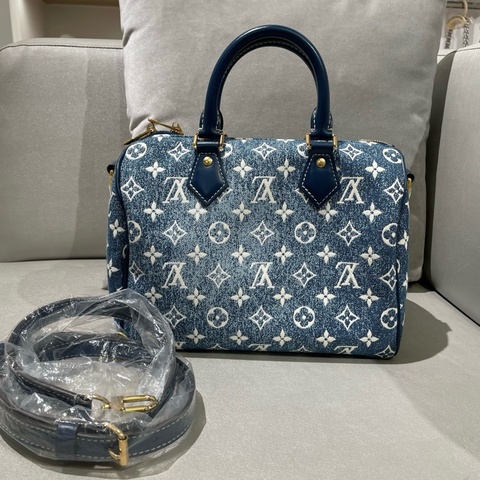 路易威登/Louis Vuitton speedy25 藍色牛仔單寧老花肩帶款手提包斜挎包 金扣