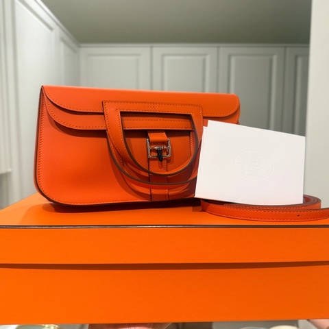 【全新現貨 2026 最新 G 刻】Hermès Mini Halzan 經典橘（33 Orange）銀釦 Swift皮 義大利專櫃全配（附購正）