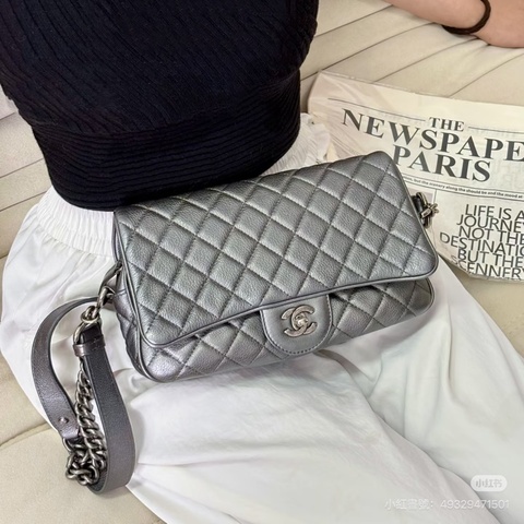 Chanel • 經典太空銀荔枝牛皮朋克鏈條Cf