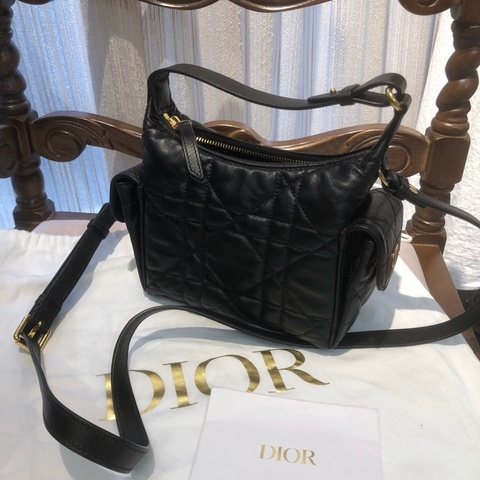 迪奧Dior 黑色全皮飯盒包手提包腋下包斜挎包 小號 金扣