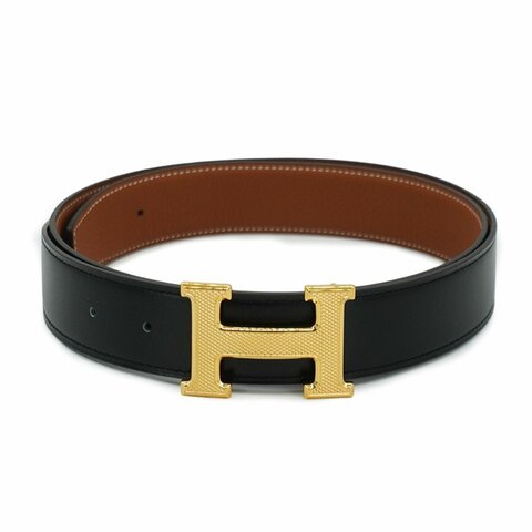 Hermes 展示品 Guillochee H logo牛皮金釦雙面用腰帶/皮帶-90cm(黑/金棕)