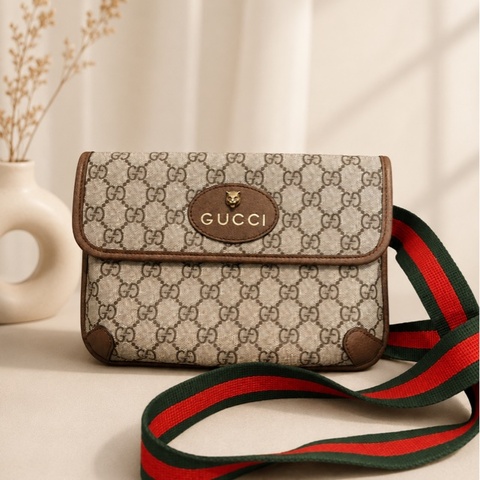 GUCCI 古馳 經典老花虎頭腰包 胸包 斜背包 男女適用 八成新 無附件