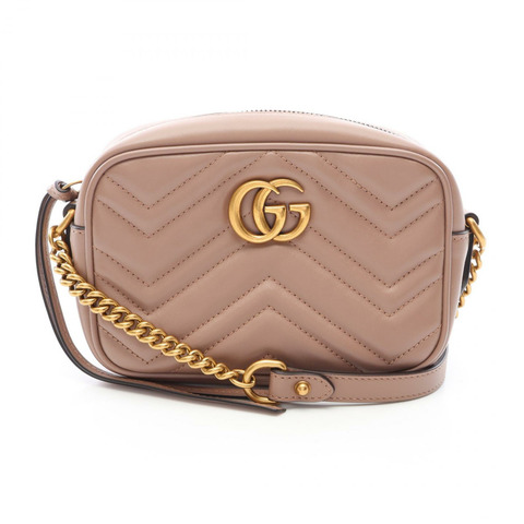GUCCI GG Marmont 絎縫迷你鏈條單肩包 448065 米色皮革 二手 金色五金
