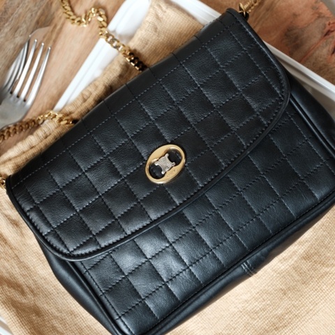 Celine Vintage 1980s 經典黑金方格壓紋 橢圓凱旋門小羊皮金鍊包