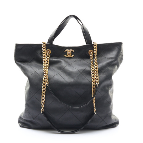 CHANEL 香奈兒 Maxi Shopping 托特 兩用包 黑色 牛皮 金釦 AS3128