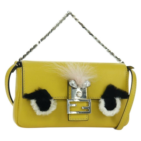 FENDI Monster Micro 水桶肩包 皮革 2way 黃銀 Auth YKZ725A
