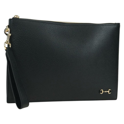 GUCCI 馬銜扣手拿包 皮革 黑色 金色 700524 Auth mr2429V