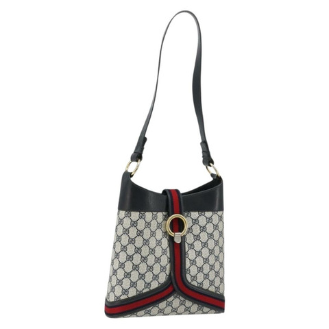 GUCCI GG Supreme Sherry Line 單肩包 PVC 海軍藍 金色 正品 182154A