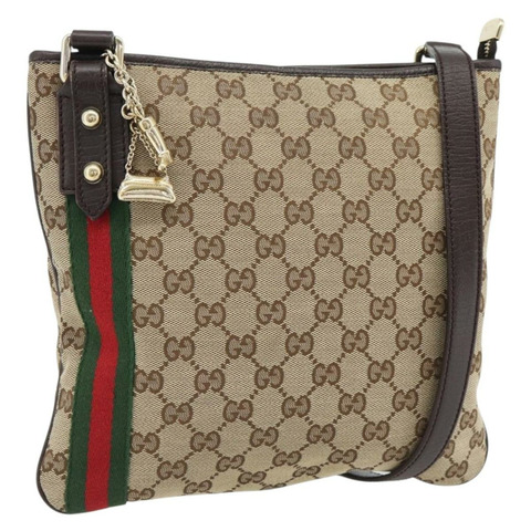 GUCCI GG帆布織帶雪莉線單肩包 米色 金 紅色 144388 正品 182113A