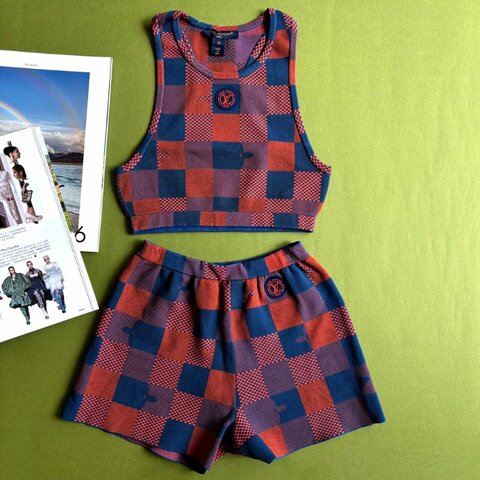 ::Louis Vuitton:: 經典拼色格紋 坦克運動背心 短褲 套裝 Red Monogram Damier Knit Sports Cropped Tank