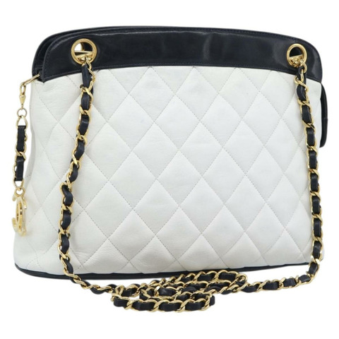 香奈兒 (CHANEL) 絎縫鏈條肩背包 白色 金色 CC 標誌 正品 mr2545V