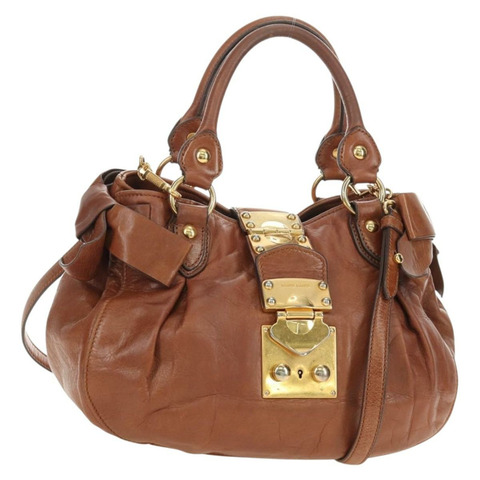 Miu Miu 側邊絲帶手提包 皮革 兩用 棕色 金色 正品 bs35815V