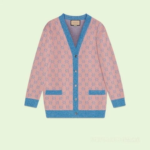 S號::GUCCI::糖果色粉藍金蔥針織滿版雙G 開襟外套 開襟衫 Pink GG Cardigan