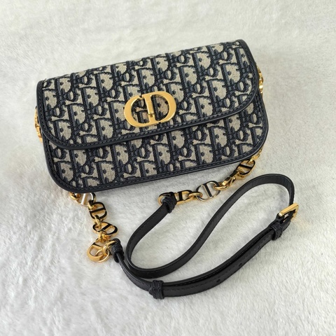 迪奧/Dior  30 Montaigne Avenue 中號 老花 藍色 Oblique 印花 斜背包