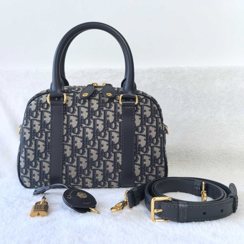 迪奧/Dior 小號 D-Vibe 保齡球包手提包斜挎包 藍色 Oblique 印花 金扣