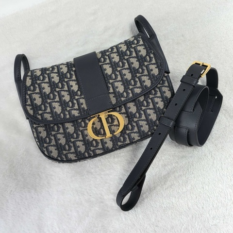 迪奧/Dior  30 montaigne 學院包馬鞍包斜挎包 藍色 Oblique 印花 金扣