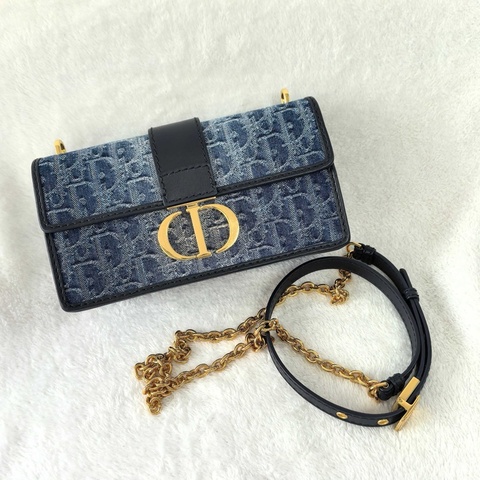 迪奧/Dior 30 Montaigne East-West 鏈條手袋斜背包 藍色金扣