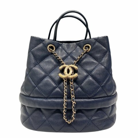 CHANEL 香奈兒 AS0894 CC Logo 菱格紋抽繩束口水桶包  深藍色 皮革 金釦