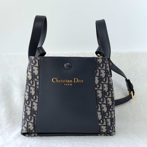 迪奧/Dior 小號 Signature 水桶包 藍色 Oblique 印花面料拼光滑牛皮革 手提包肩背包斜挎包 金扣