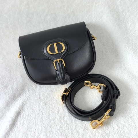 迪奧/Dior bobby 小號 黑色光面牛皮革 馬鞍包斜挎包肩背包 金扣